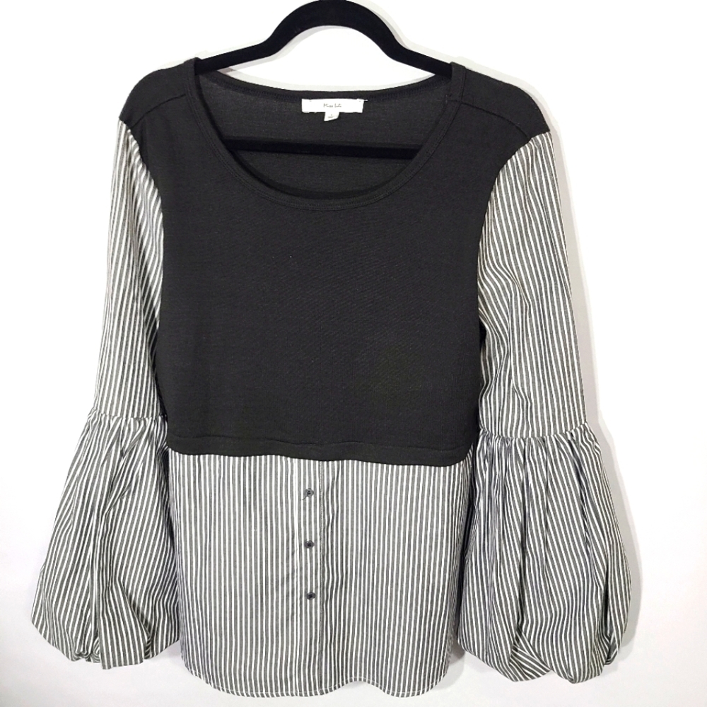 Miss Lili Women's Large‎ Shirt Black White Striped Balloon Sleeves Unique Office